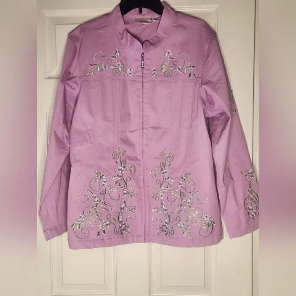Quacker Factory XL Shell Pink Pearly Floral Embellished Zip Front Women Jacket
